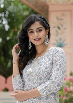 Thumbnail for Kaajh Women's White Grey Floral Print Cotton Kurta Pant Set - Distacart