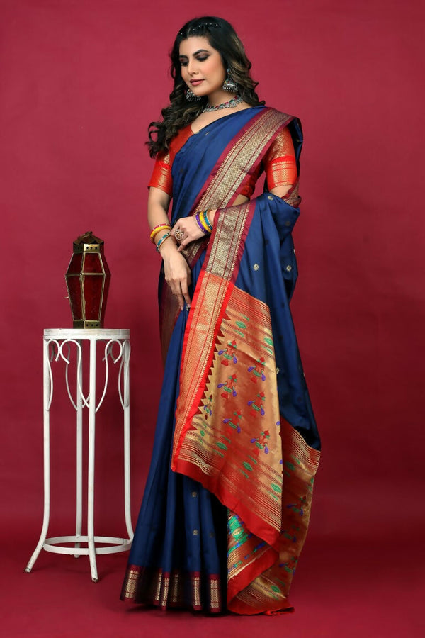 Jyoti Fashion Women's Navy Blue Paithani Silk Zari Woven Saree with Blouse - Distacart