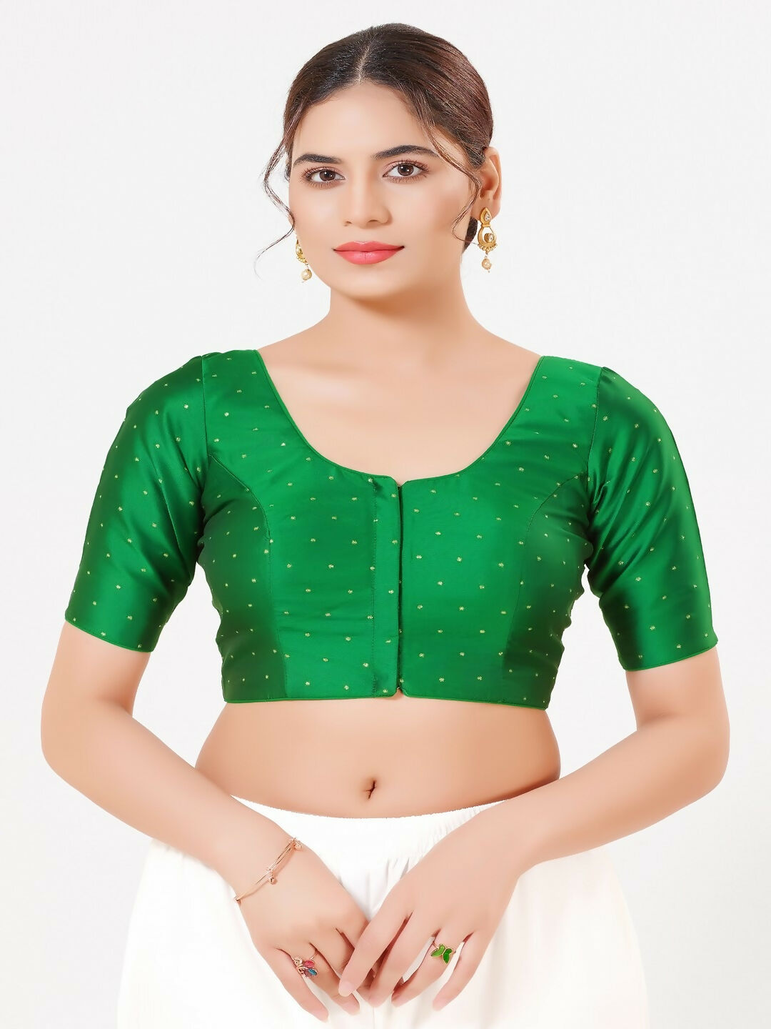 Joban Fashion Green Taffeta Silk Elbow Sleeveless Front Open Blouse
