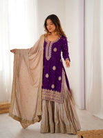 Thumbnail for Lehenga Mart Designer Sharara Suit With Kurta, Sharara, Dupatta For Women-Purple - Distacart