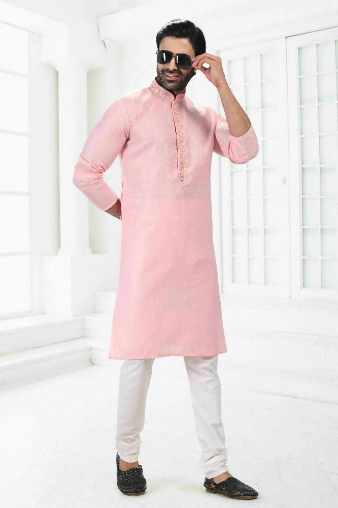 Raivat Ethnic Linen Cotton Thread Work Kurta Pajama In Pink Colour - Dista