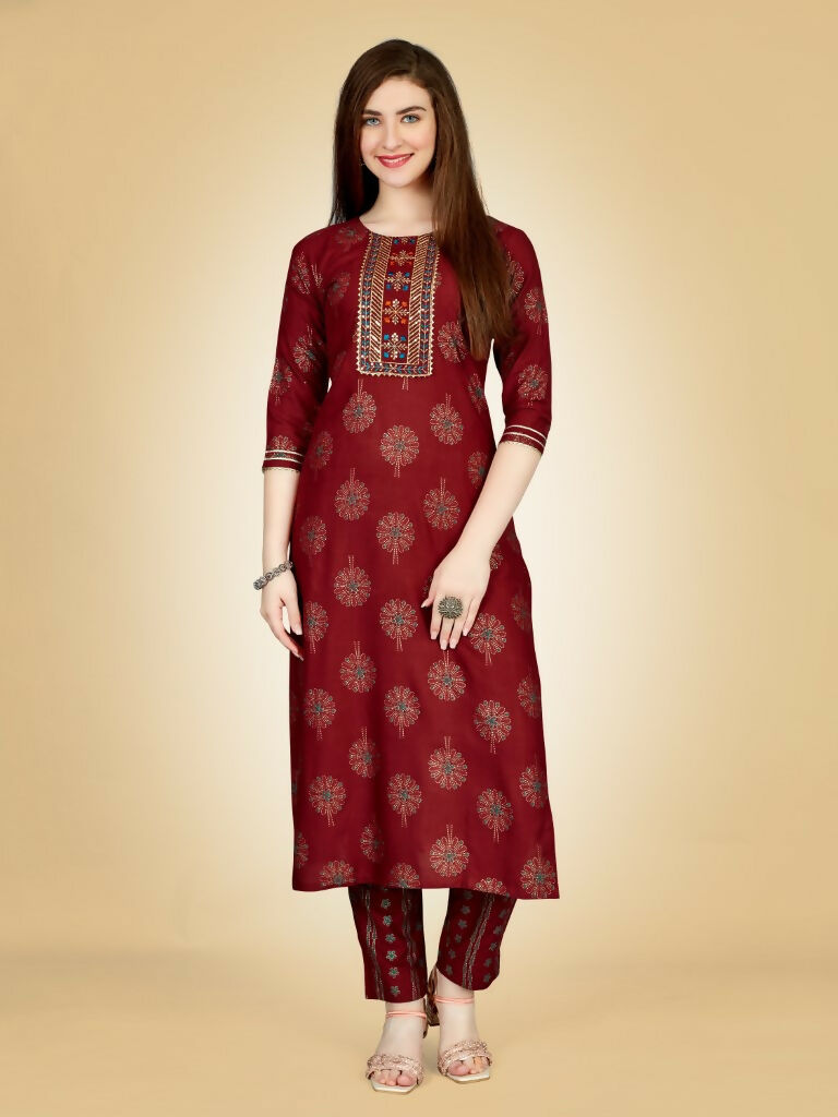Jyoti Fashion Women's Maroon Viscose Rayon Embroidered Kurta Pant Set - Distacart