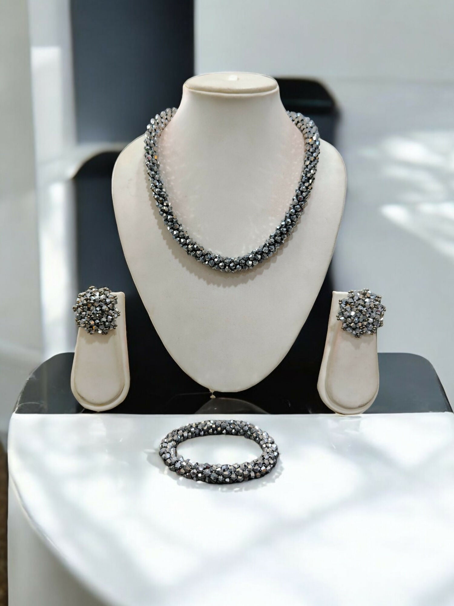 Inhanns Complete Look Crystal Statement 3-Piece Set (Adjustable Necklace + Earrings + Adjustable Bangle ) - Silver - Distacart