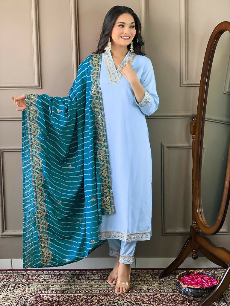 Partywear Designer Viscose Silk Blend Sky Stitched Suit With Dupatta - Tanisha - Distacart