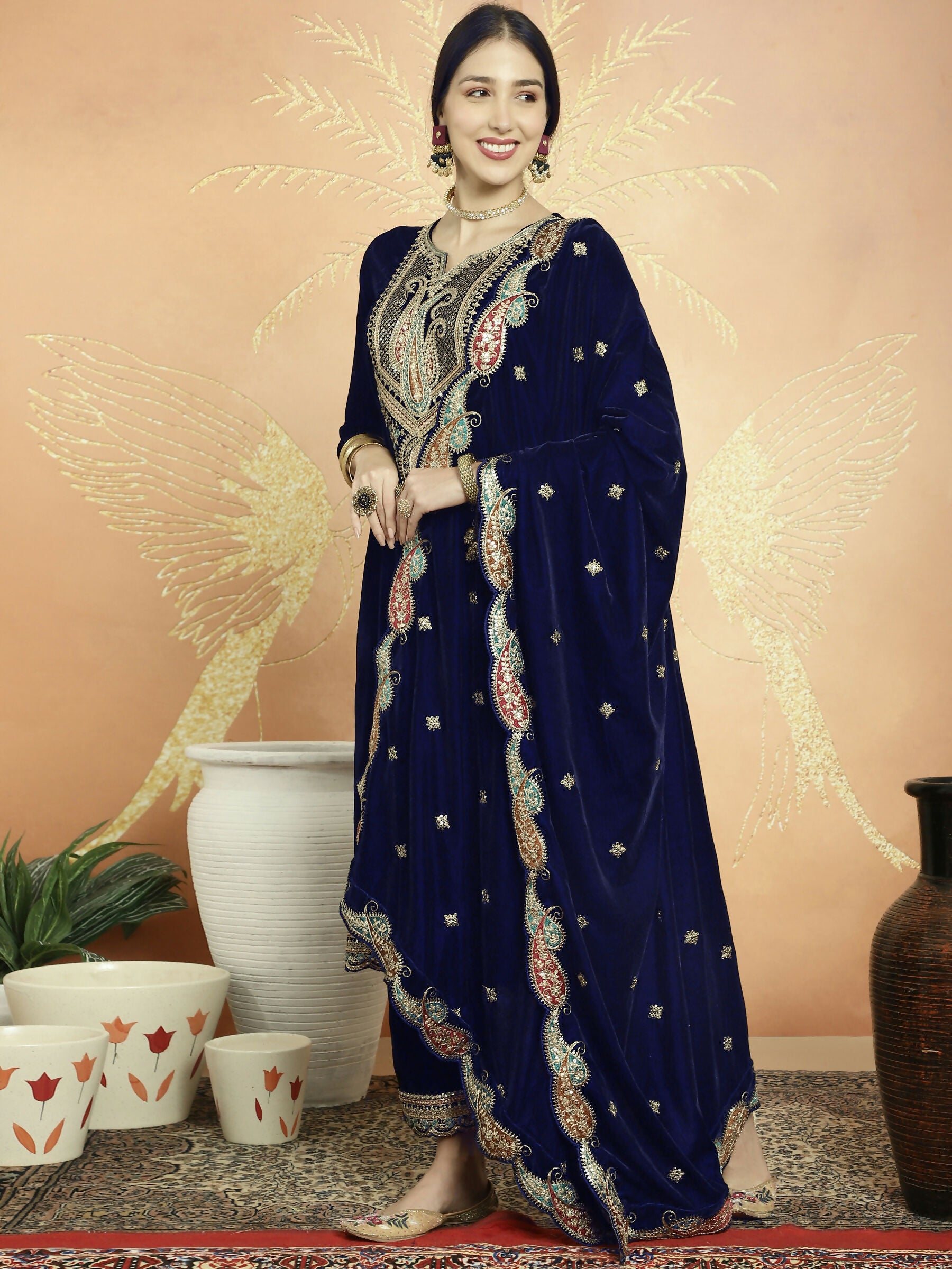 Jyoti Fashion Women's Navy Blue Velvet Cording with Resham Thread & Sequin Kurta with Trouser & Dupatta - Distacart
