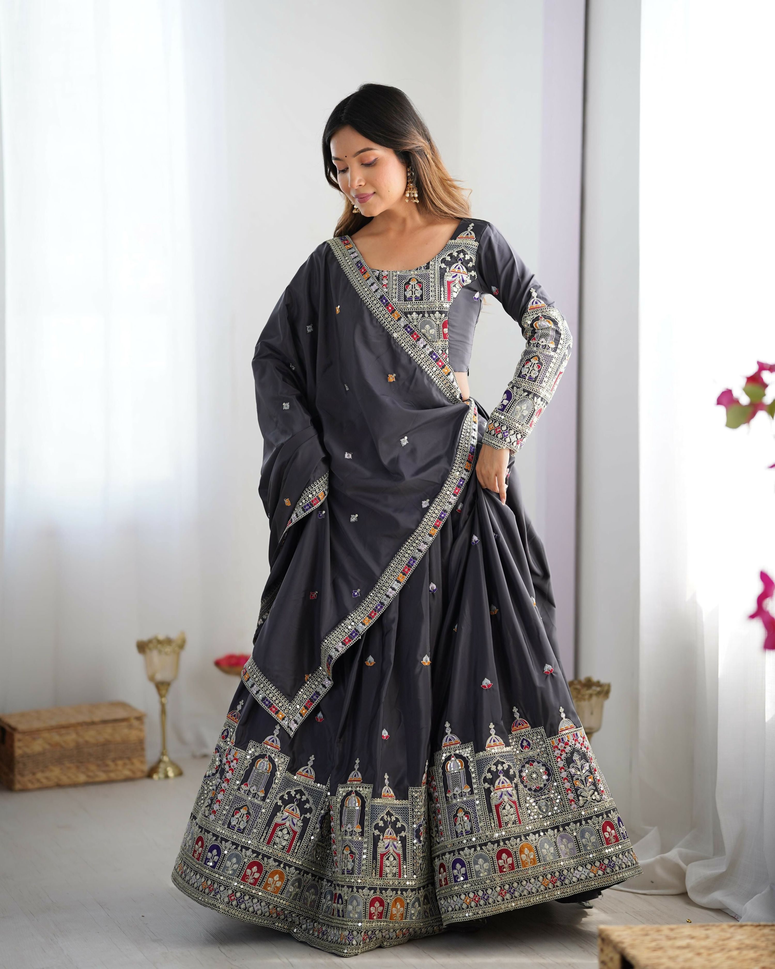 Joban Fashion Dark Grey Lehenga Crepe silk Coding Dori with Sequence with Rivet Moti