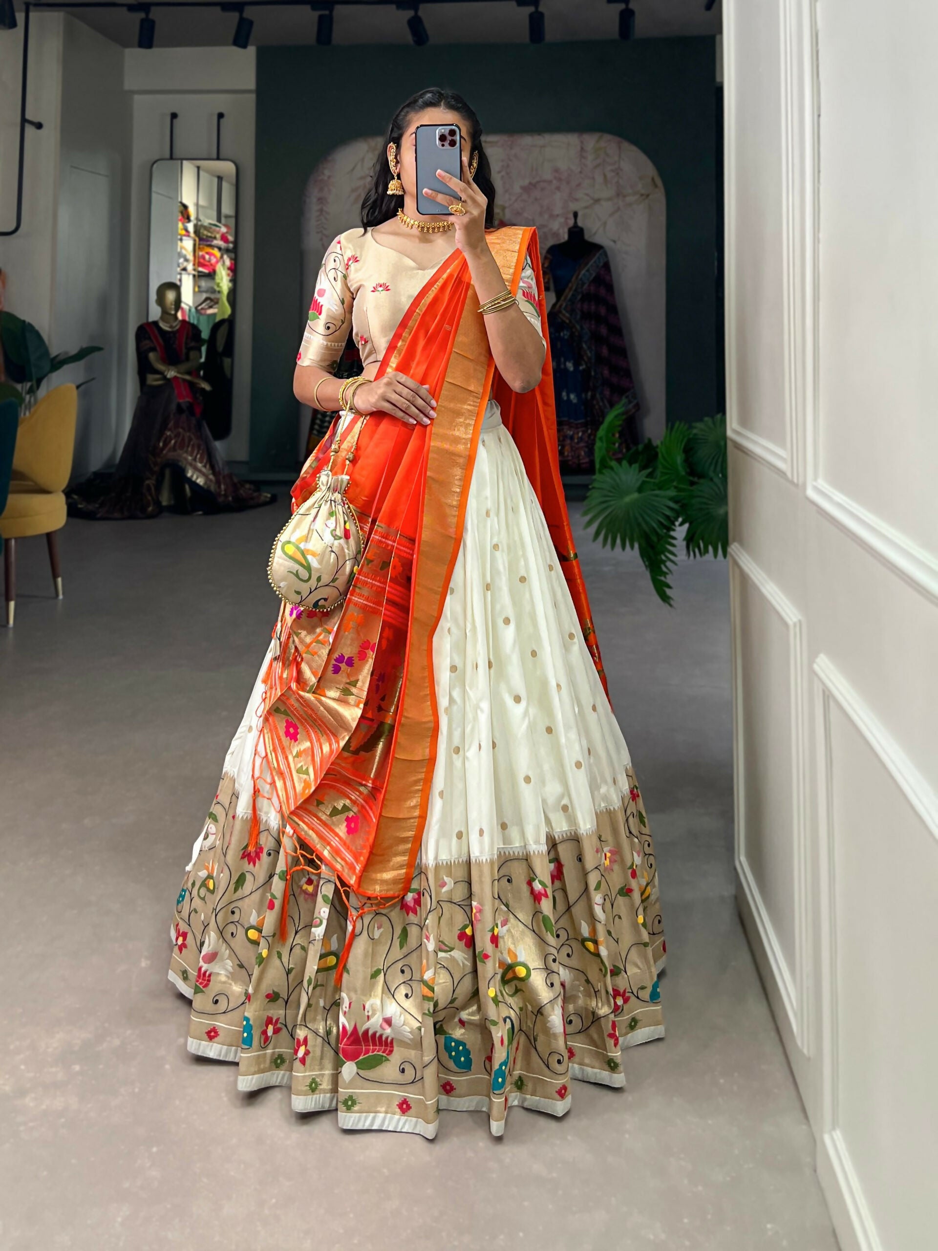 Vastranavya Traditional Jacquard Silk Paithani Lehenga Choli - White - Distacart