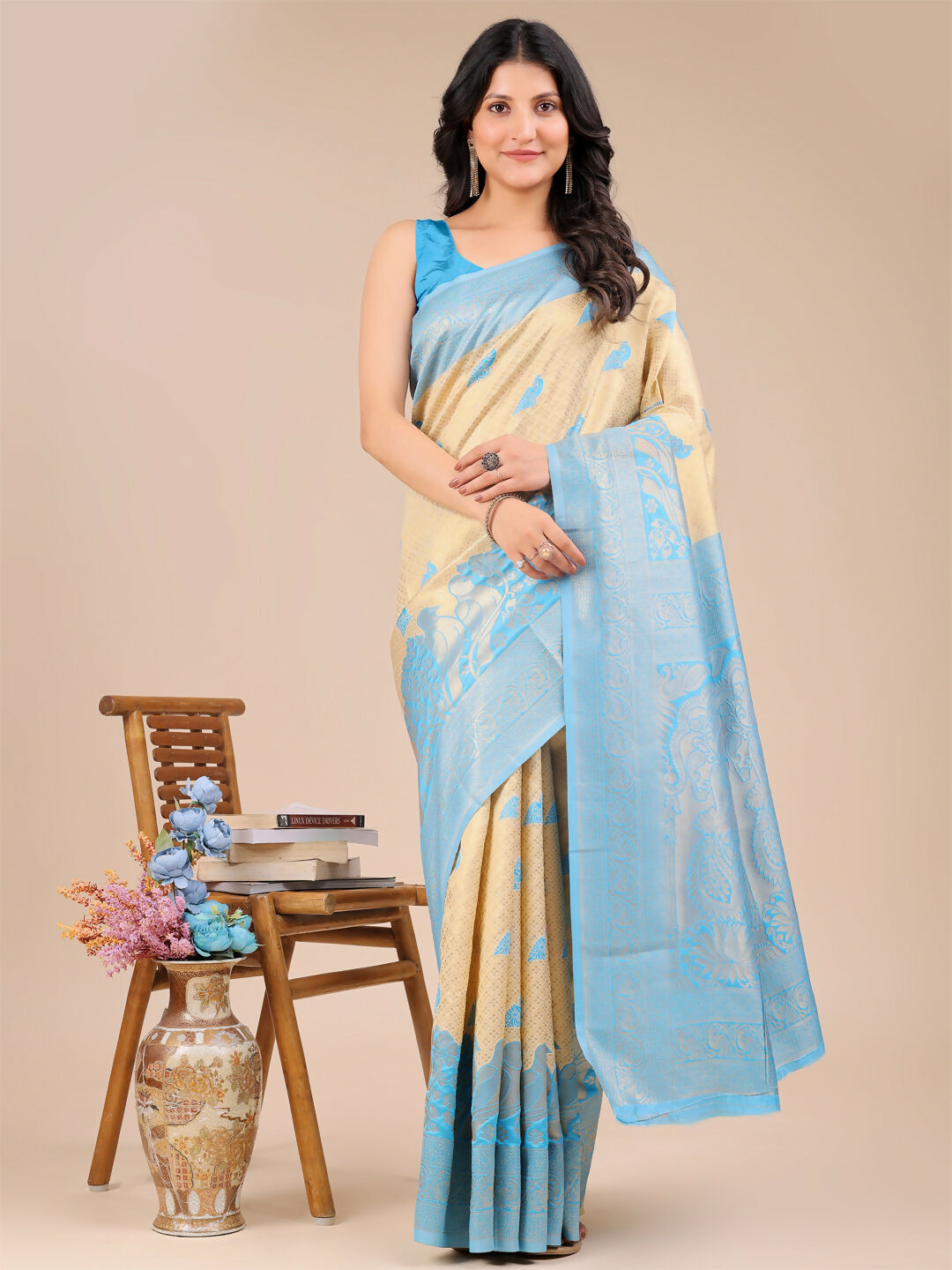 Astita Banarasi Silk Cream & Sky Blue Saree