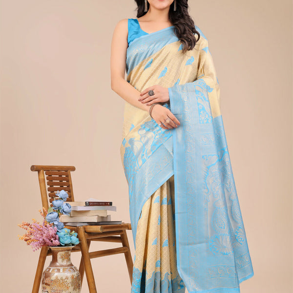 Astita Banarasi Silk Cream & Sky Blue Saree