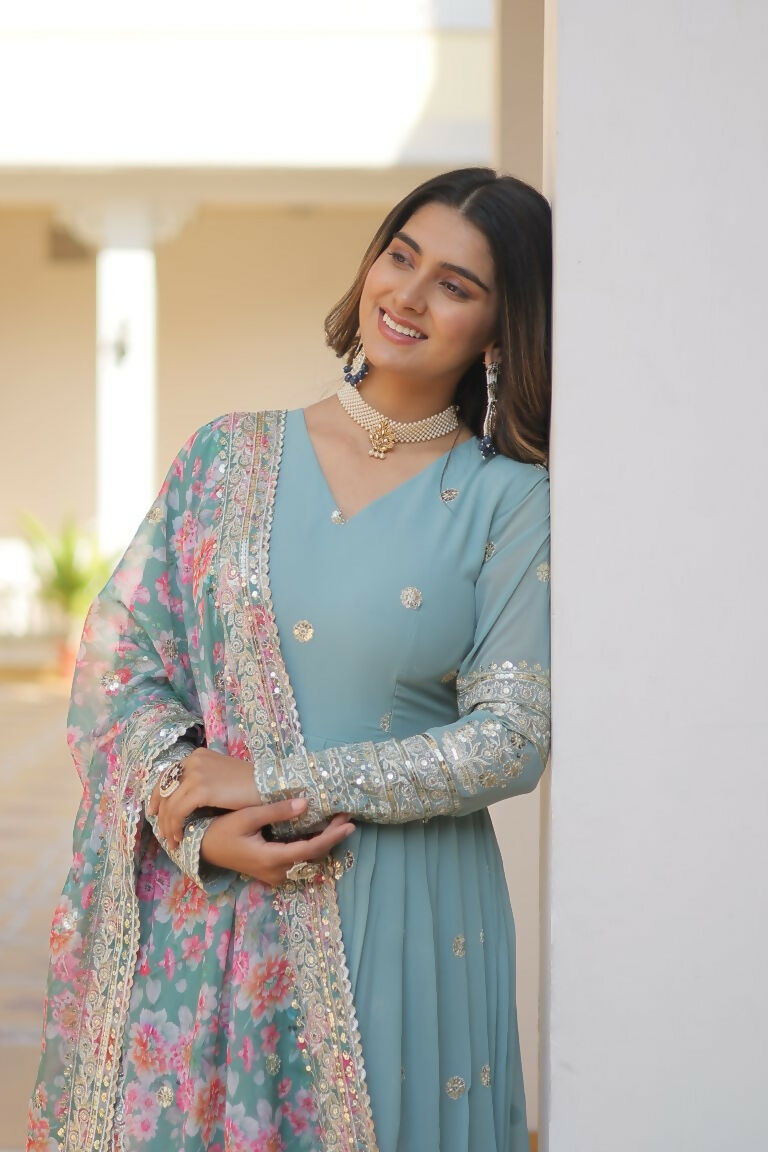 Jyoti Fashion Women's Sky Blue Faux Georgette Sequins Zari Embroideredy Anarkali Dress with Dupatta - Distacart