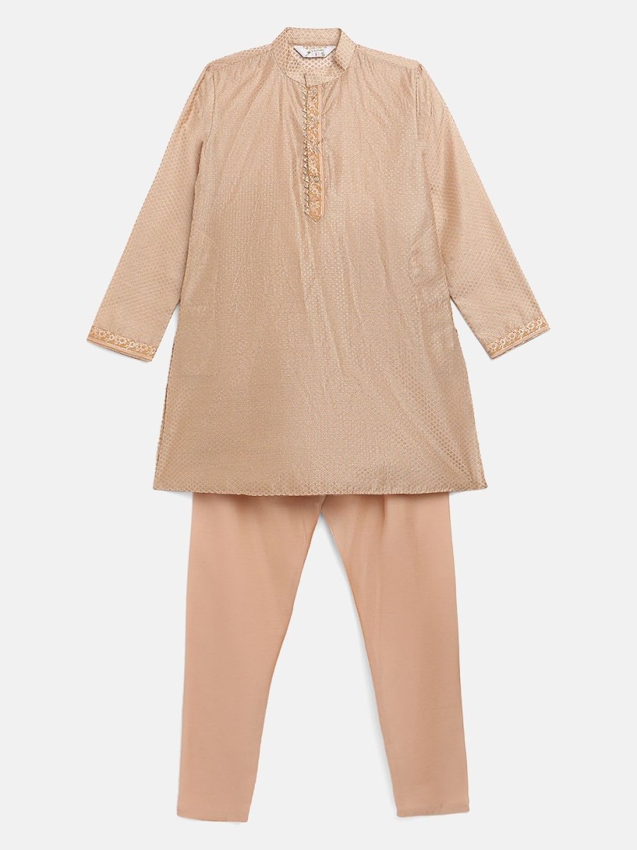 Ahalyaa Boys Beige Poly Silk Gold Printed Kids Kurta Churidar Set - Distacart