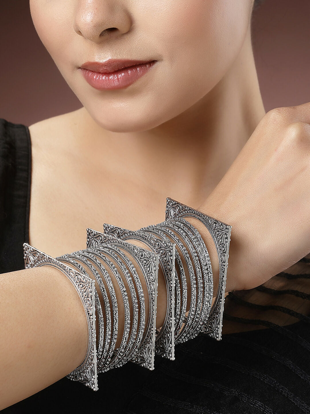 NVR Women's Set of 8 Silver-Toned German Silver Oxidised Bangles - Distacart