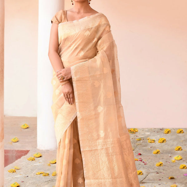Joban Fashion Gold Banarasi Kora Tissue Pure Handloom Banarasi Silk Saree