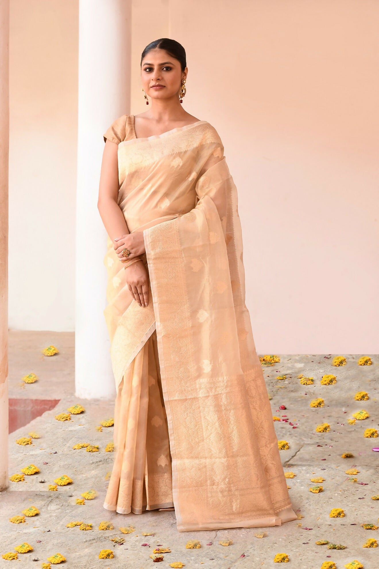 Joban Fashion Gold Banarasi Kora Tissue Pure Handloom Banarasi Silk Saree - Dista