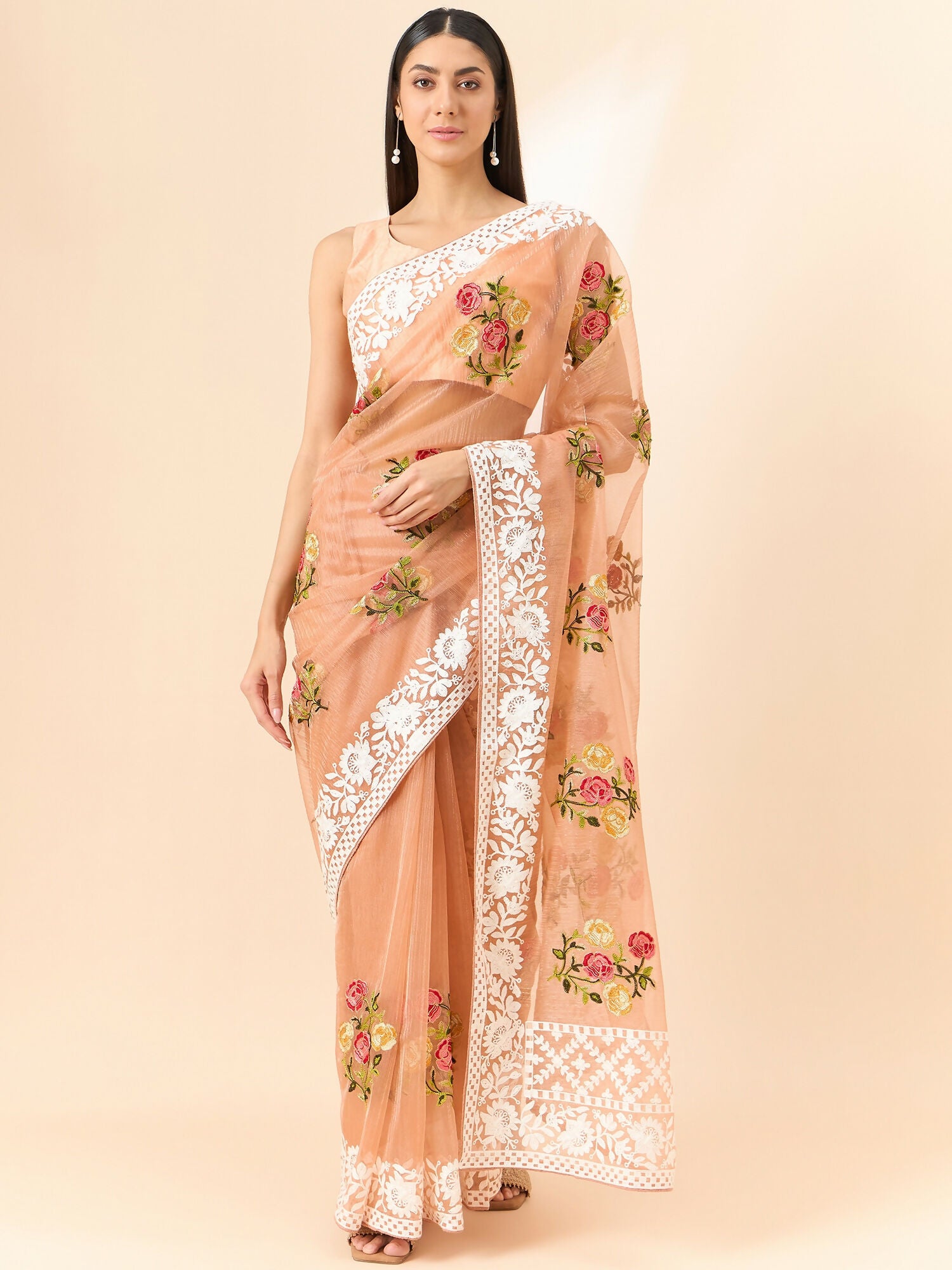 Peach Organza Floral Embroidered Saree with Unstitched Blouse Piece - Roozal - Distacart