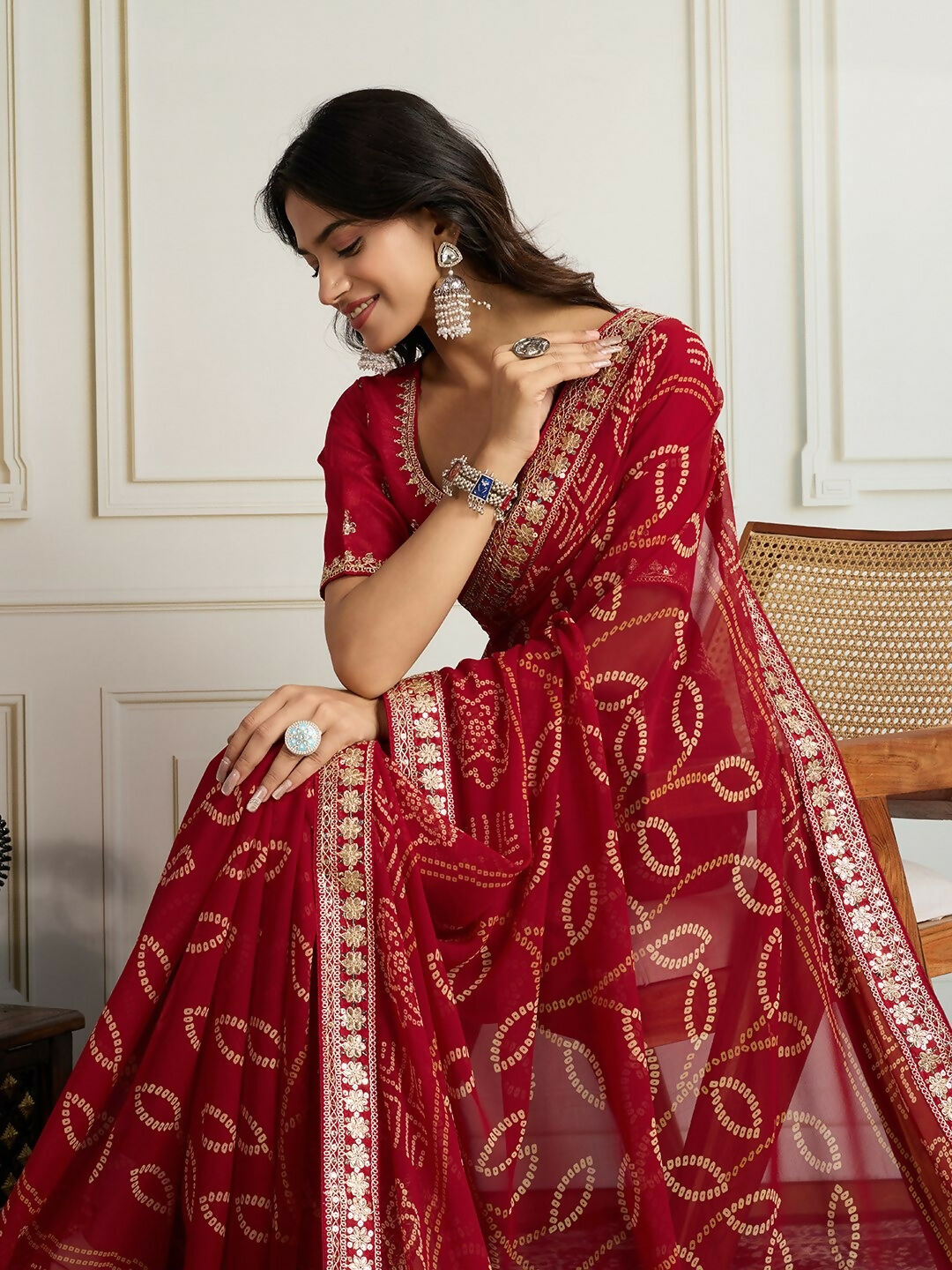 Ai Fashion Red Georgette Rajwadi Bandhani Print Party Wear Saree