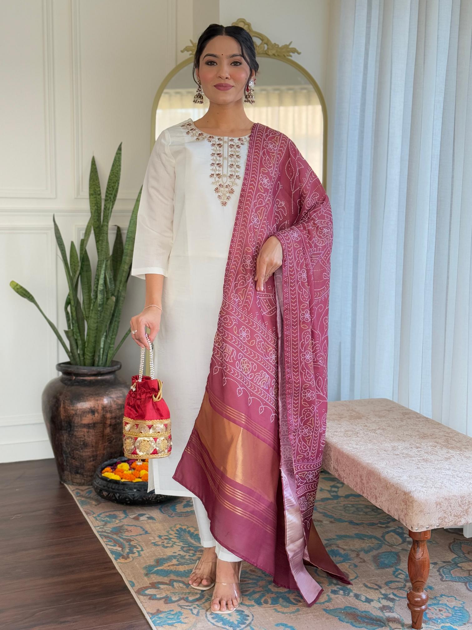 The52 Women's Roman Silk Embroidered Straight Kurta, Pant and Dupatta Set