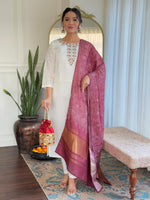 Thumbnail for The52 Women's Roman Silk Embroidered Straight Kurta, Pant and Dupatta Set