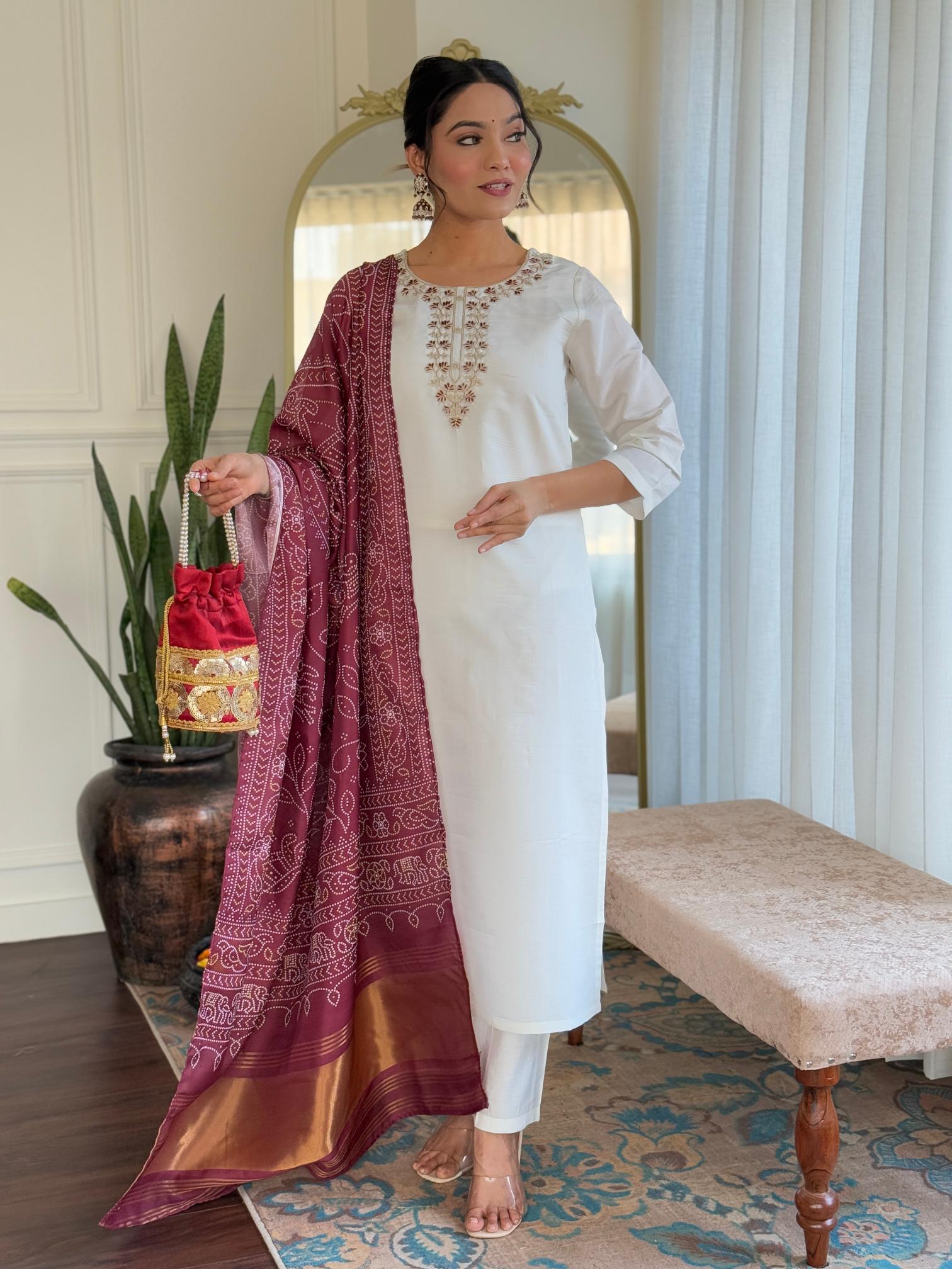 The52 Women's Roman Silk Embroidered Straight Kurta, Pant and Dupatta Set