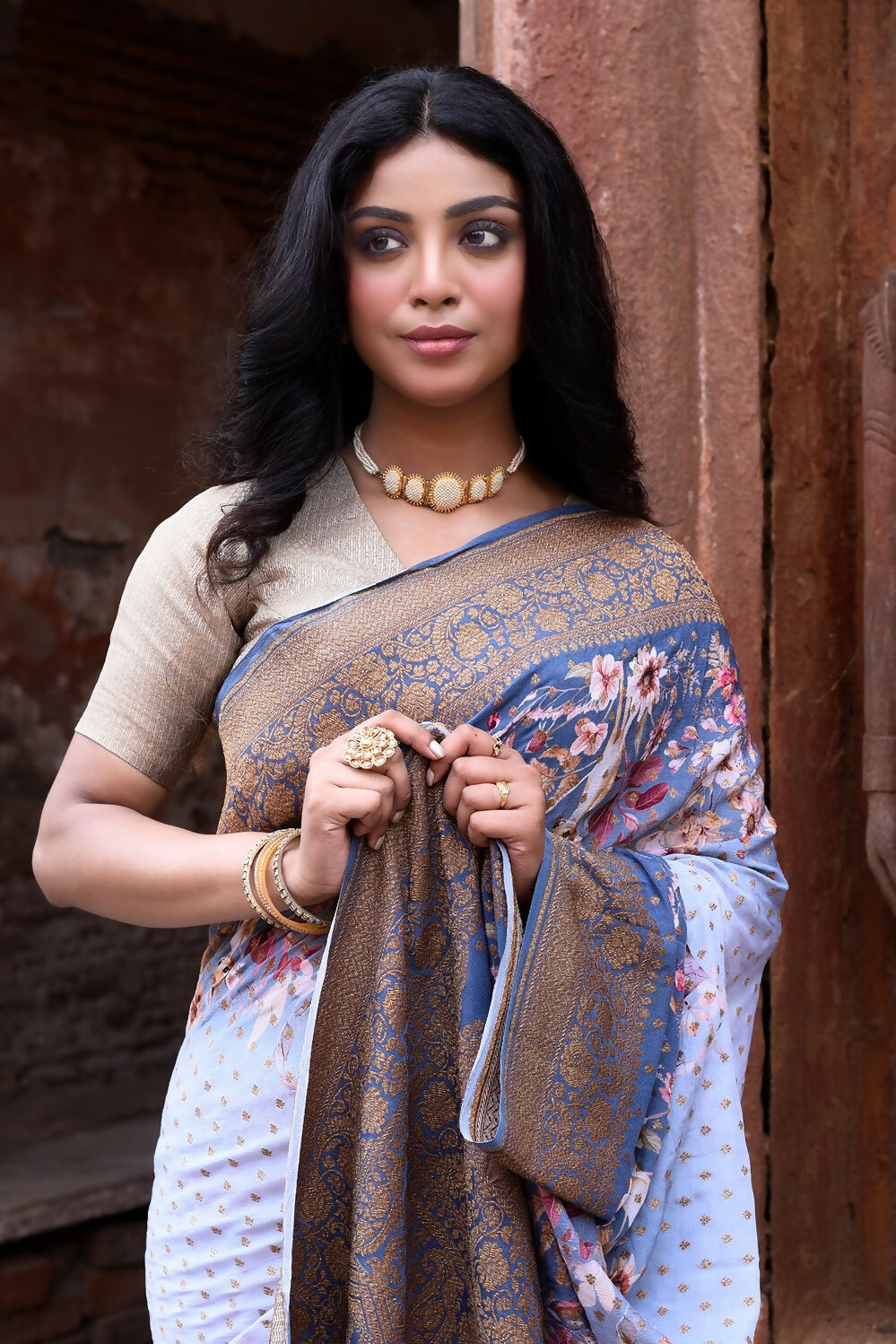 Joban Fashion Dusty Blue Crepe Chiffon Pure Handloom Banarasi Silk Saree