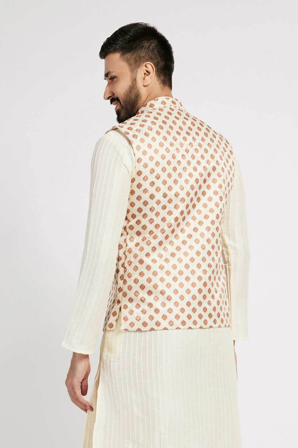 Ethnic India Cream Bundi Men's Jacket Geometric Polyester - Distacart