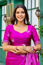 Thumbnail for Vastranavya Pink Embroidery Work Shimmer Chiffon Saree with Unstitched Blouse