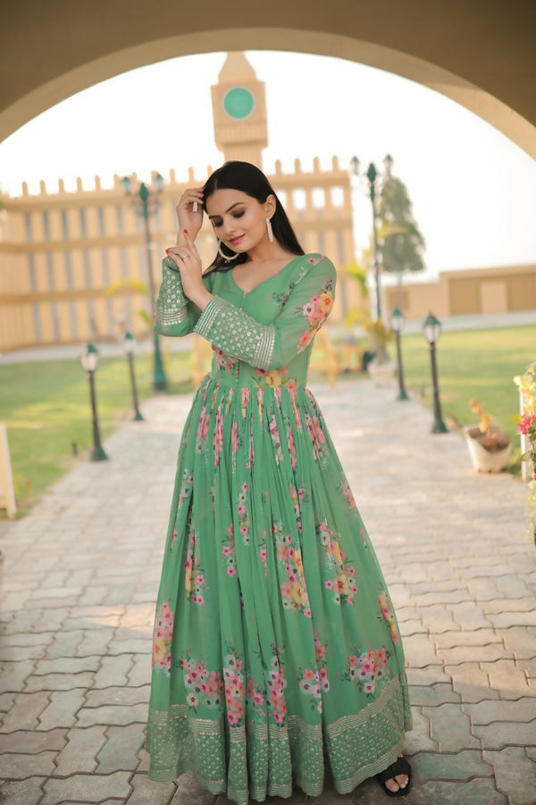 Jyoti Fashion Women's Green Digital Print with Sequence Zari Embroidered Faux Georgette Anarkali Dress - Distacart