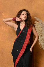Thumbnail for Very Much Indian Pure Cotton Handloom Saree with Buttis & Sleek Border - Black - Distacart