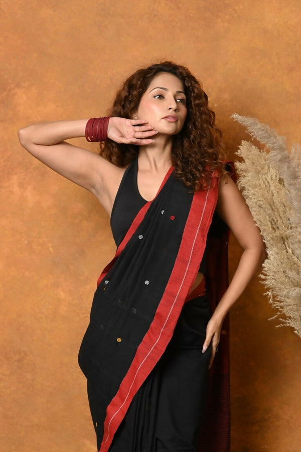 Very Much Indian Pure Cotton Handloom Saree with Buttis & Sleek Border - Black - Distacart