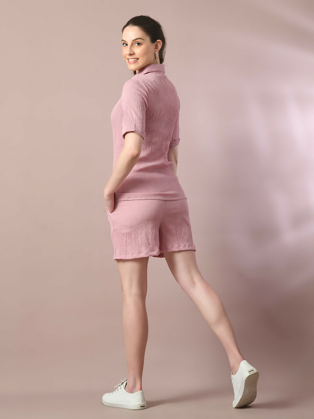 Myshka Women's Pink Solid Shirt Collar Party Shirt With Shorts Co-ord set - Distacart