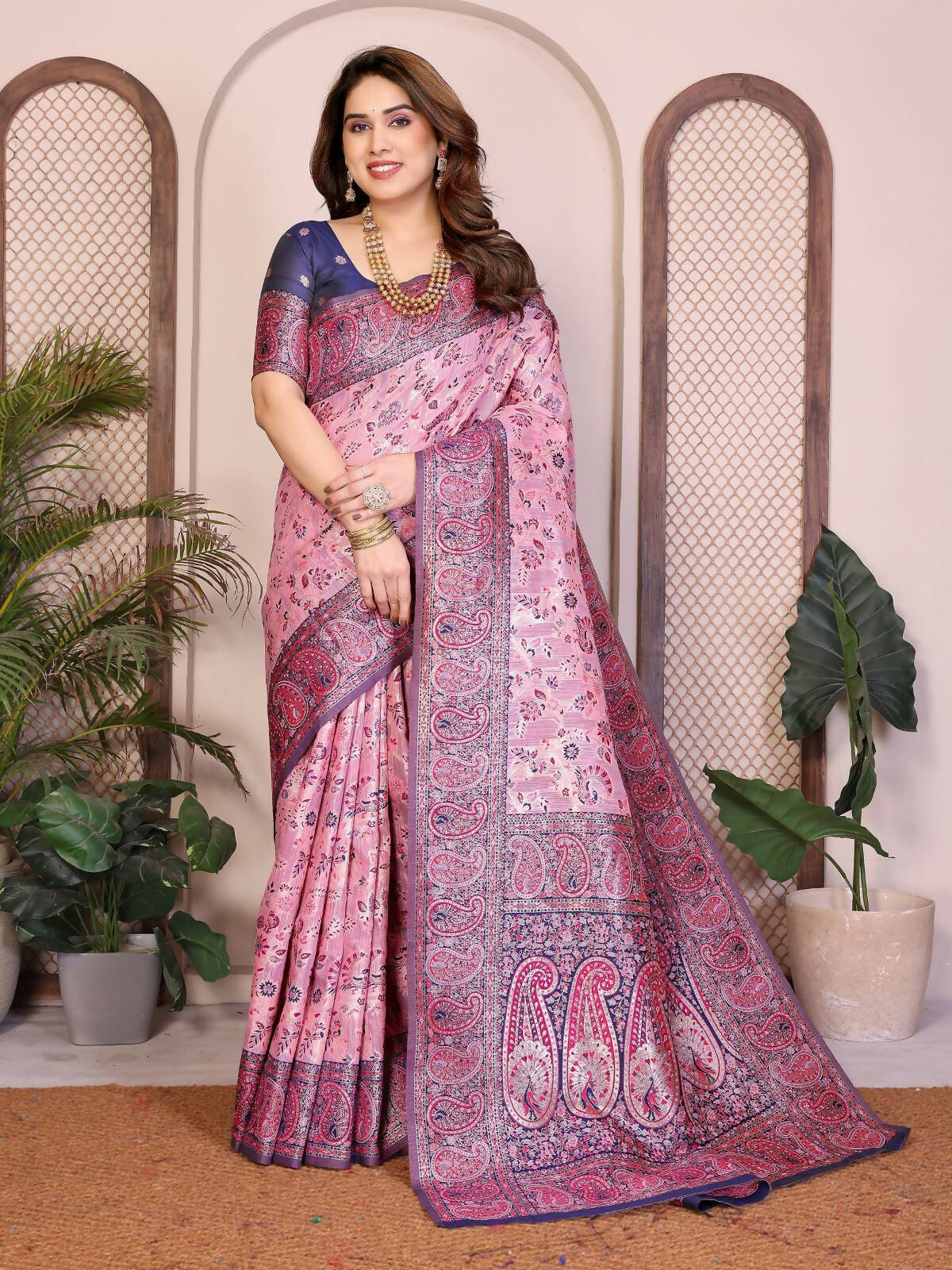 Teeya Creation New Latest Trendy Wedding Wear Pashmina Silk Saree-Pink - Dista