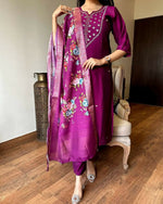 Thumbnail for The52 Wine Women's Gorgeous Embroidered Rayon Fabric Straight Kurta Pant with Dupatta Set - Distacart