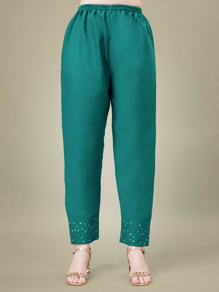 Jyoti Fashion Women's Teal Cotton Blend Embroidery & Sequence work Kurta with Trouser & Dupatta - Distacart