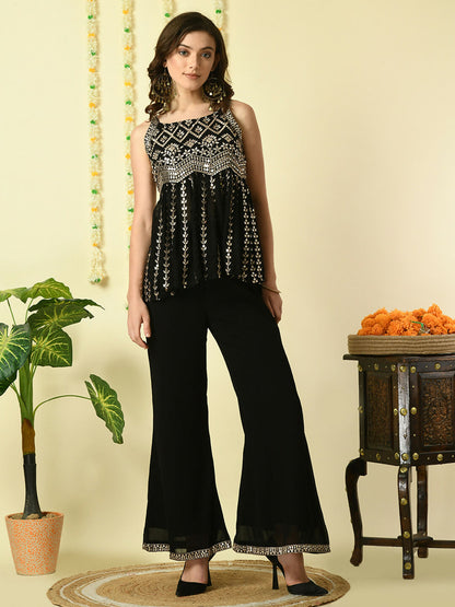 Myshka Women's Black Georgette Top With Palazzos Party Sets - Distacart