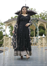 Thumbnail for Jyoti Fashion Women's Black Faux Blooming Sequins with Zari Embroidery Anarkali Dress with Dupatta - Distacart