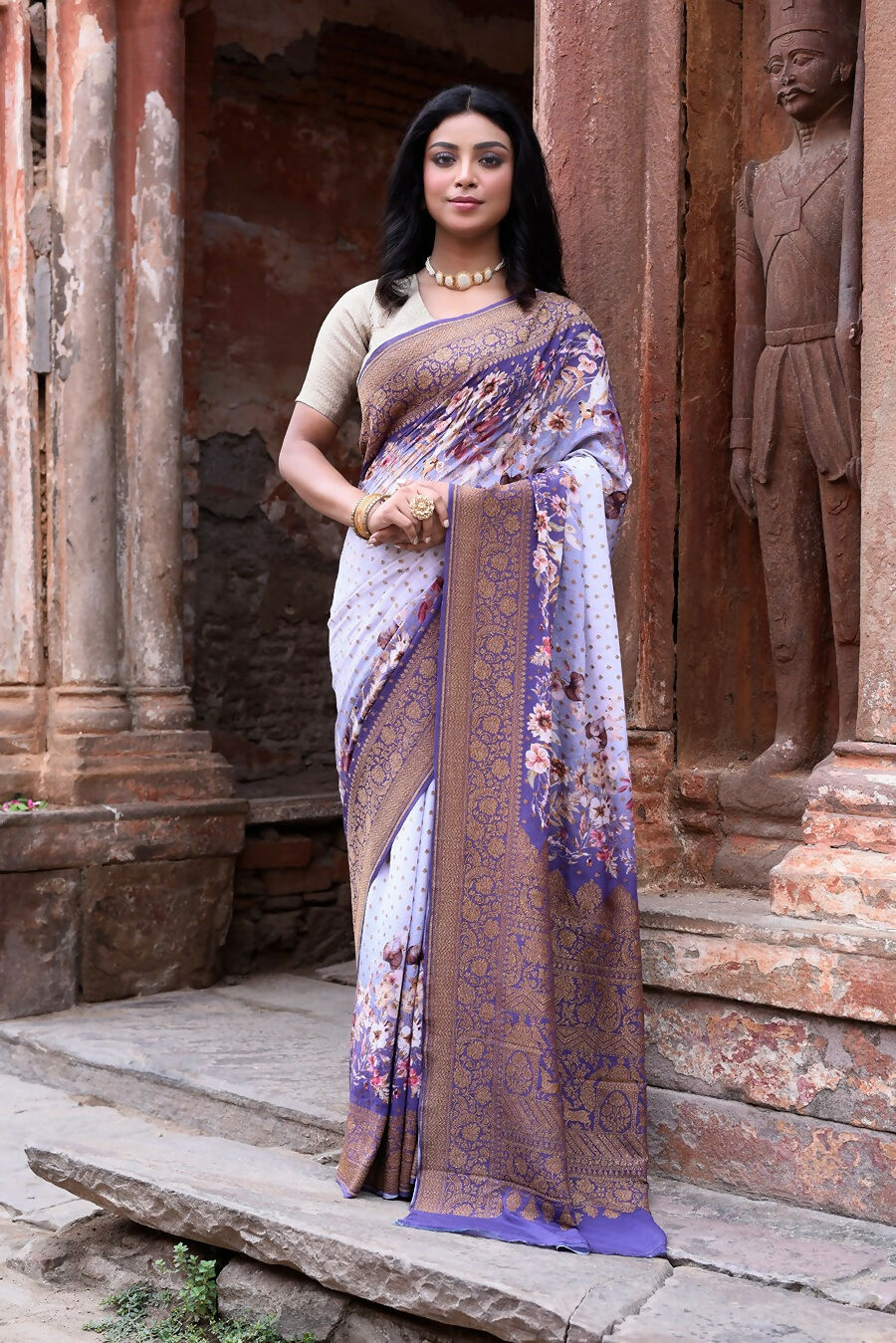 Joban Fashion Shade Of Orchid Crepe Chiffon Pure Handloom Banarasi Silk Saree - Dista