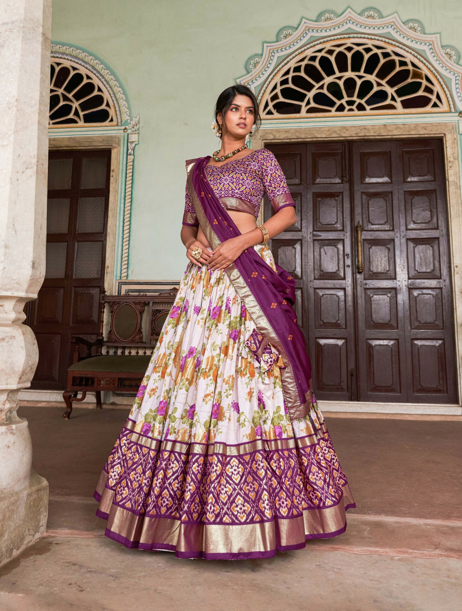 Vastranavya Exquisite Tussar Silk Lehenga Set With Perfect Floral And Patola Print Design Lehenga Choli - Wine - Distacart