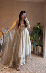 Thumbnail for Teeya Creation White Fendy Silk Designer Heavy Work Wedding Wear Long Gown - Distacart