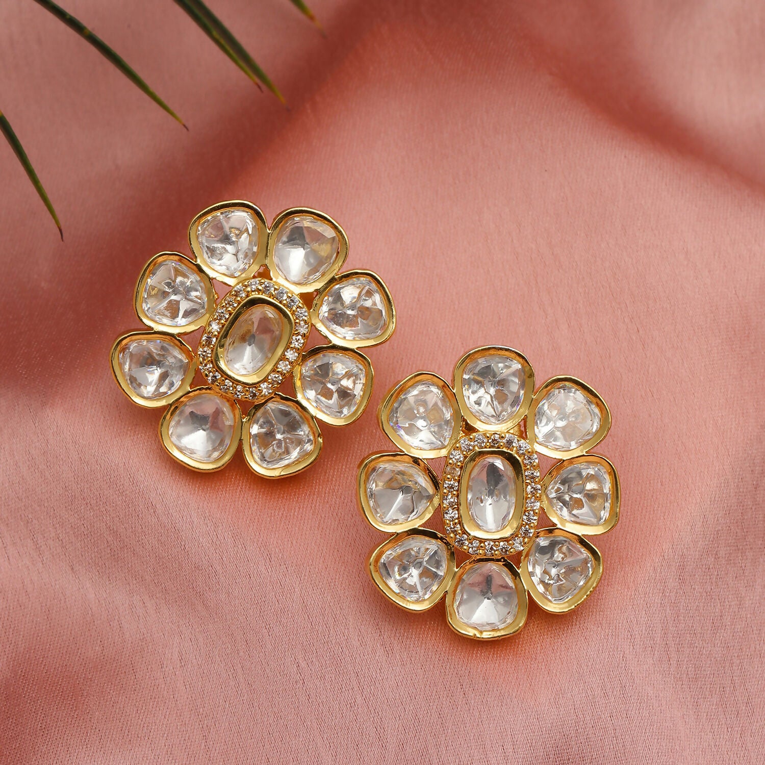 Oversized Round Kundan Studs (Gold) - Ruby Raang - Distacart