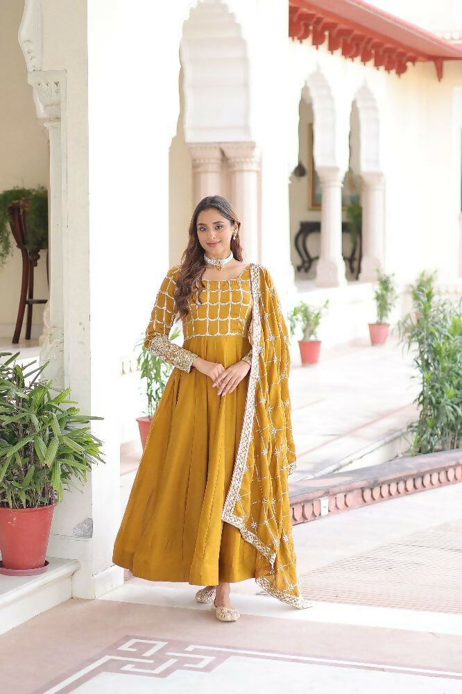 Joban Fashion Yellow Kurta Set Silk Sequins , Zari, Coding & Thread Embroidered work - Distacart