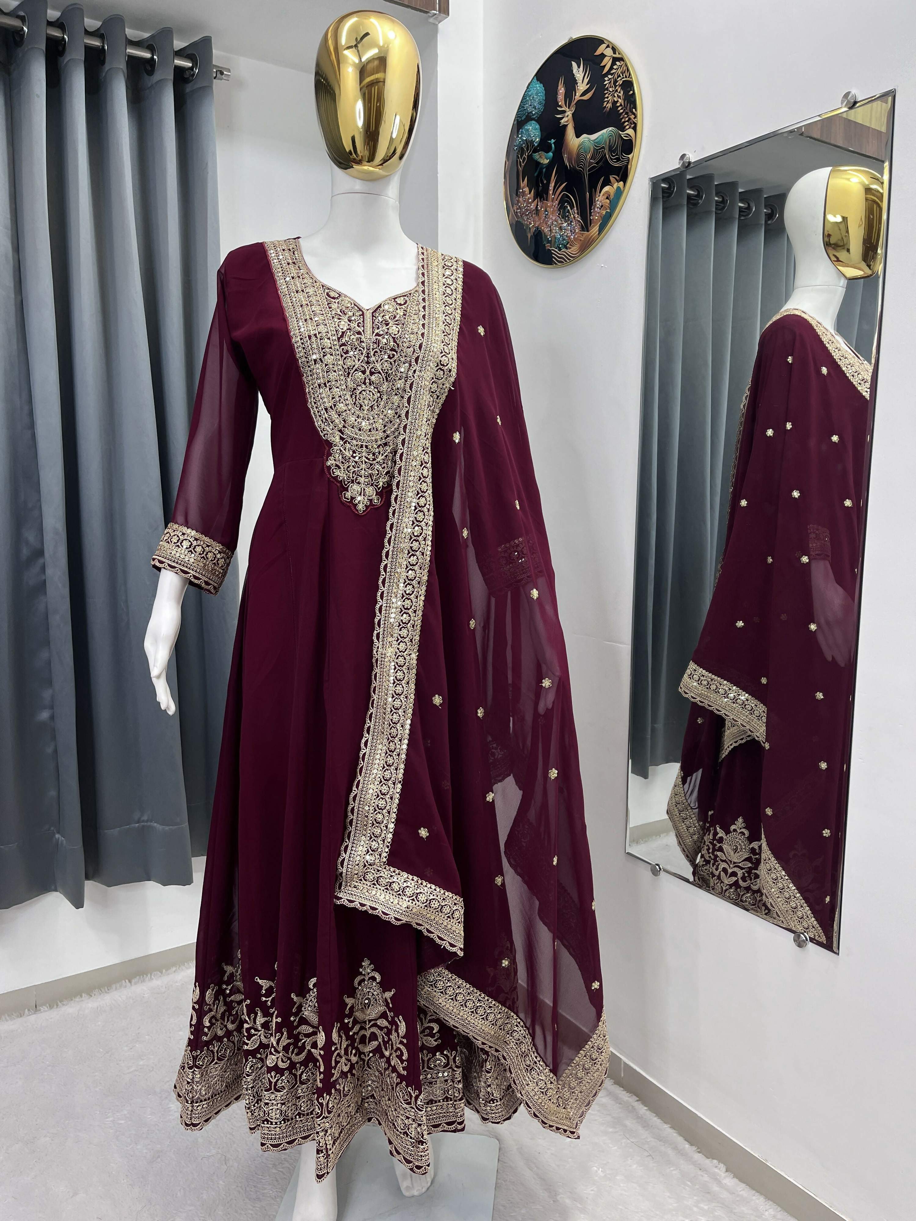 Teeya Creation Maroon Color Faux Georgette Embroidery Work Long Party Wear Gown - Distacart