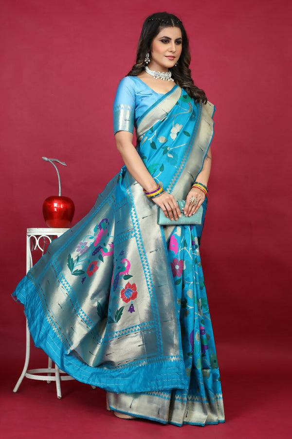 Jyoti Fashion Women's Sky Blue Paithani Silk Zari Woven Saree with Blouse - Distacart