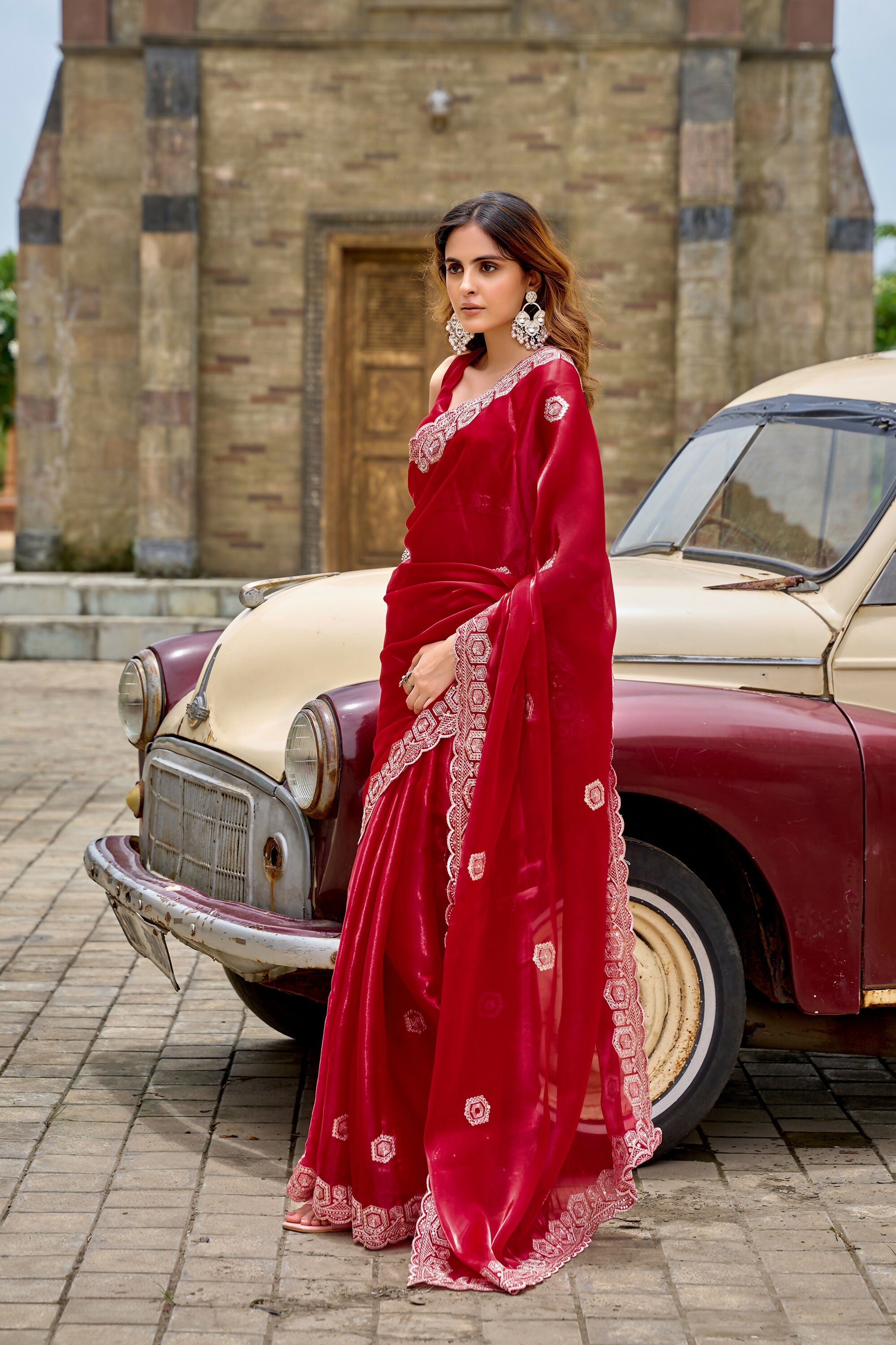 Vastranavya Red Embroidery Work Shimmer Chiffon Saree with Unstitched Blouse