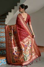 Thumbnail for Vishnu Weaves Women's Maroon Paithani Silk Zari Woven Saree with Blouse