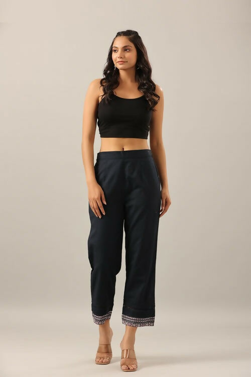 Juniper Navy Blue Solid Cotton Flex Pants With Printed Hem, Pintucks & Lace Work - Distacart