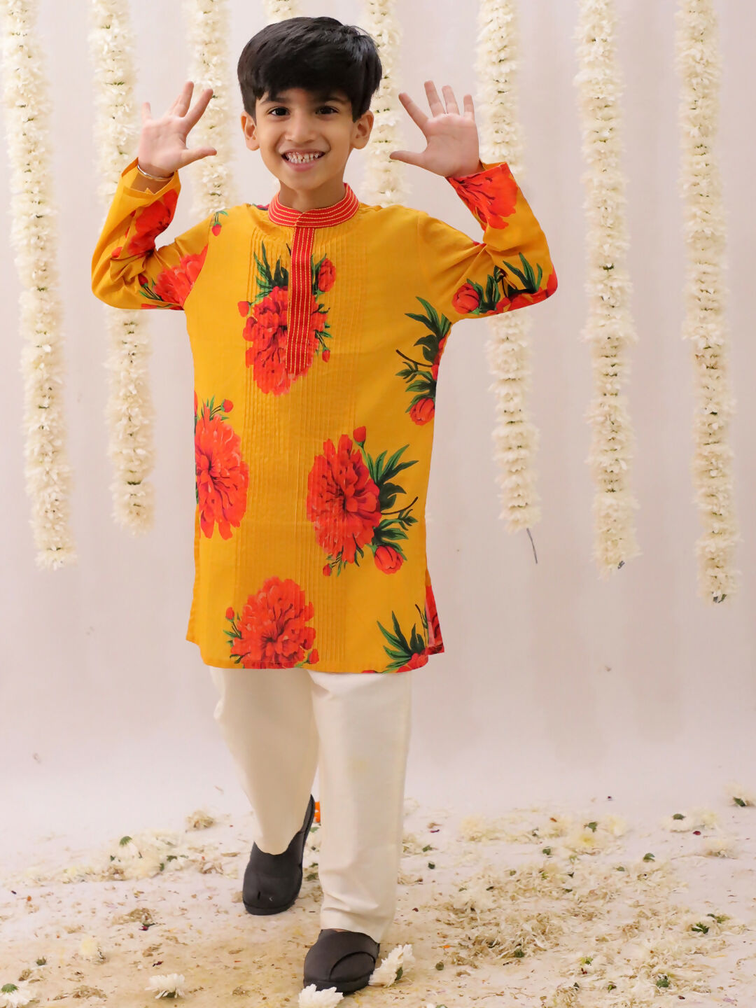 Lil Drama Genda Phool Mustard Kurta and White Pant Set for Boys