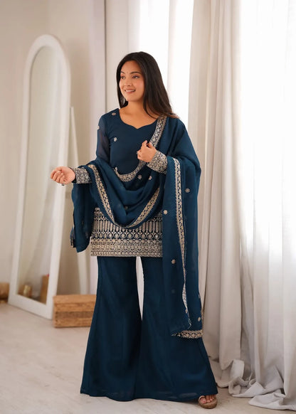 Teeya Creation Teal Blue Embroidered Short Kurta & Sharara Set - Dista