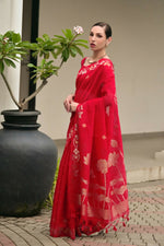 Thumbnail for Vishnu Weaves Women's Red Linen Silk Zari Weaving Saree with Blouse