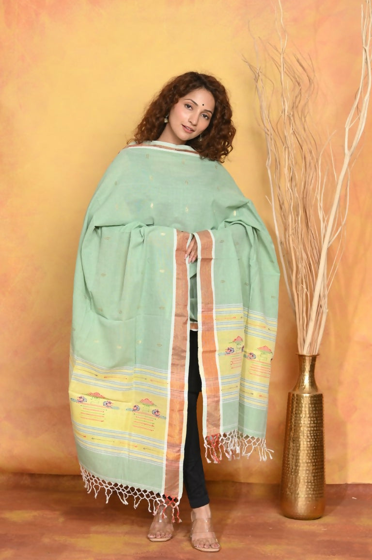 Very Much Indian Handloom Pure Cotton Paithani Dupatta - Sea Green - Distacart