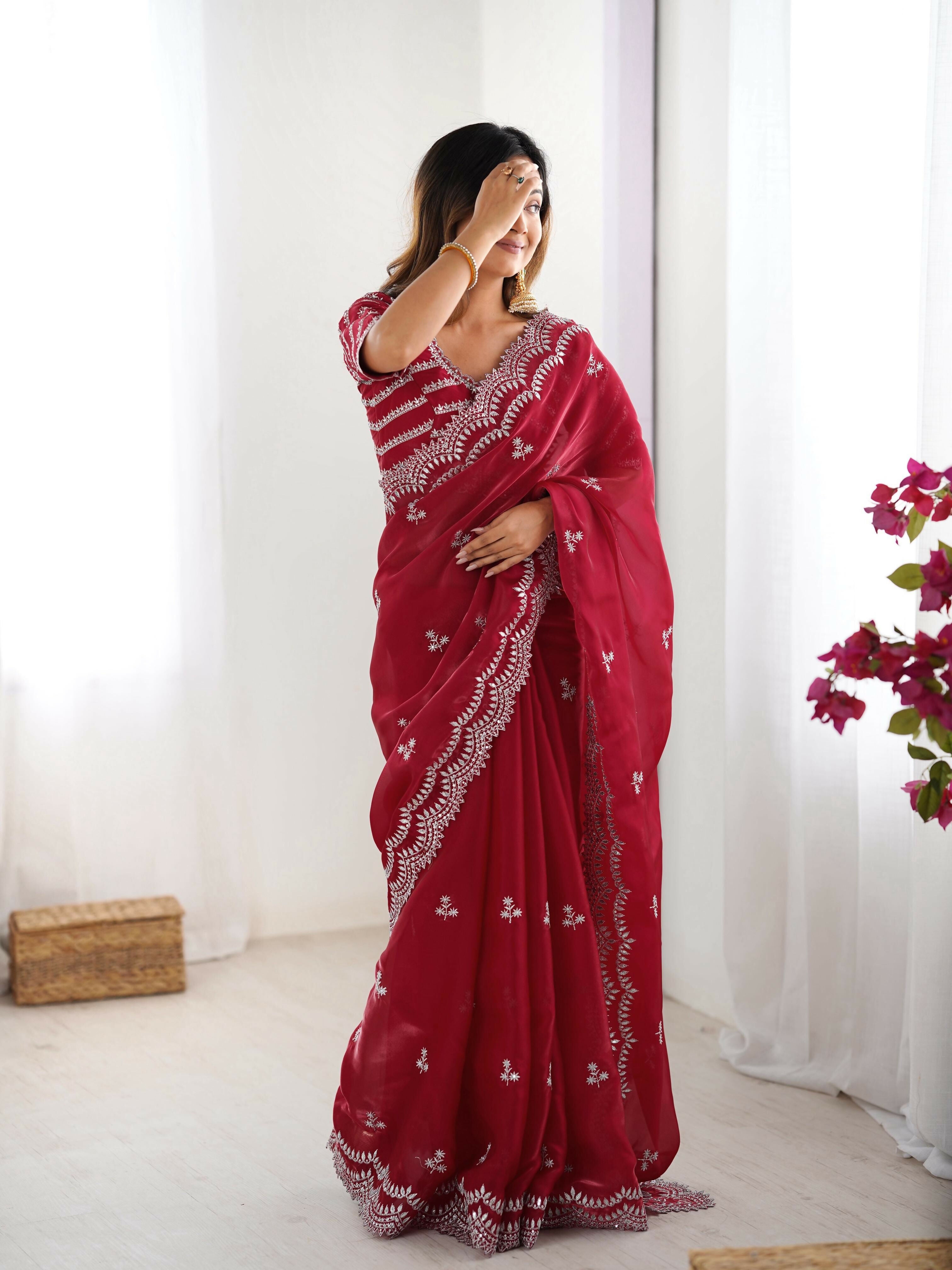 Joban Fashion Red Jimmy Choo Saree With Thread with Sequins work